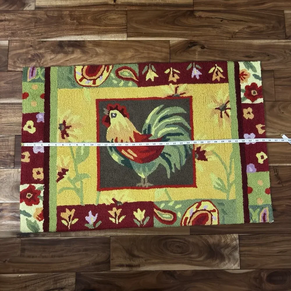 Handmade Hooked Rooster Rug Kitchen Entry Door Mat Centerpiece Farm Country Red